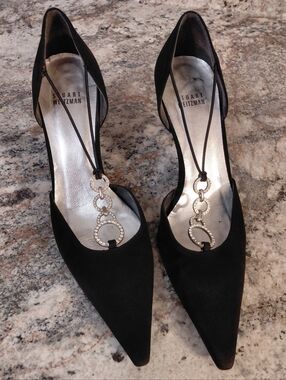 Stuart Weitzman Black Pointed Toe D'Orsay Heels With Rhinestone Ring Accents